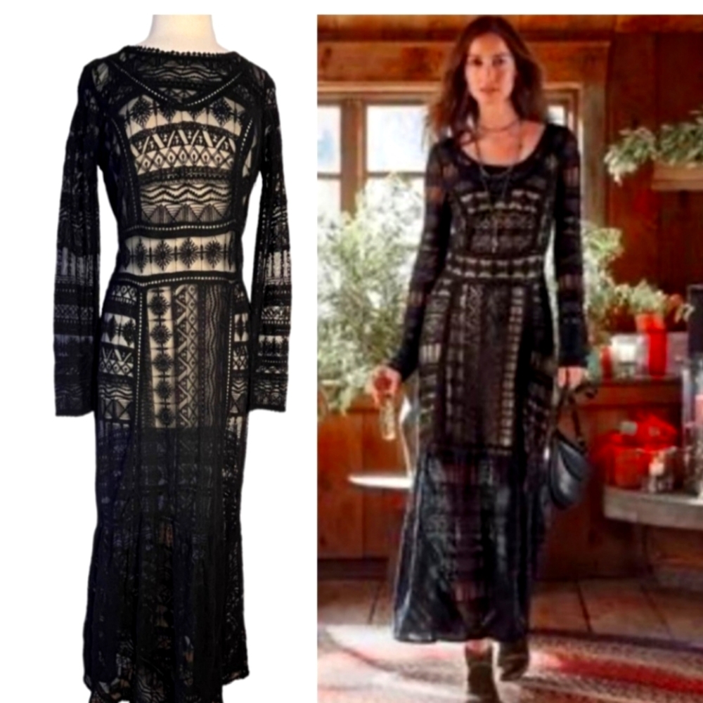 SUNDANCE Roslyn Black Lace Sheer Maxi Dress Women’s 6 Long Sleeves